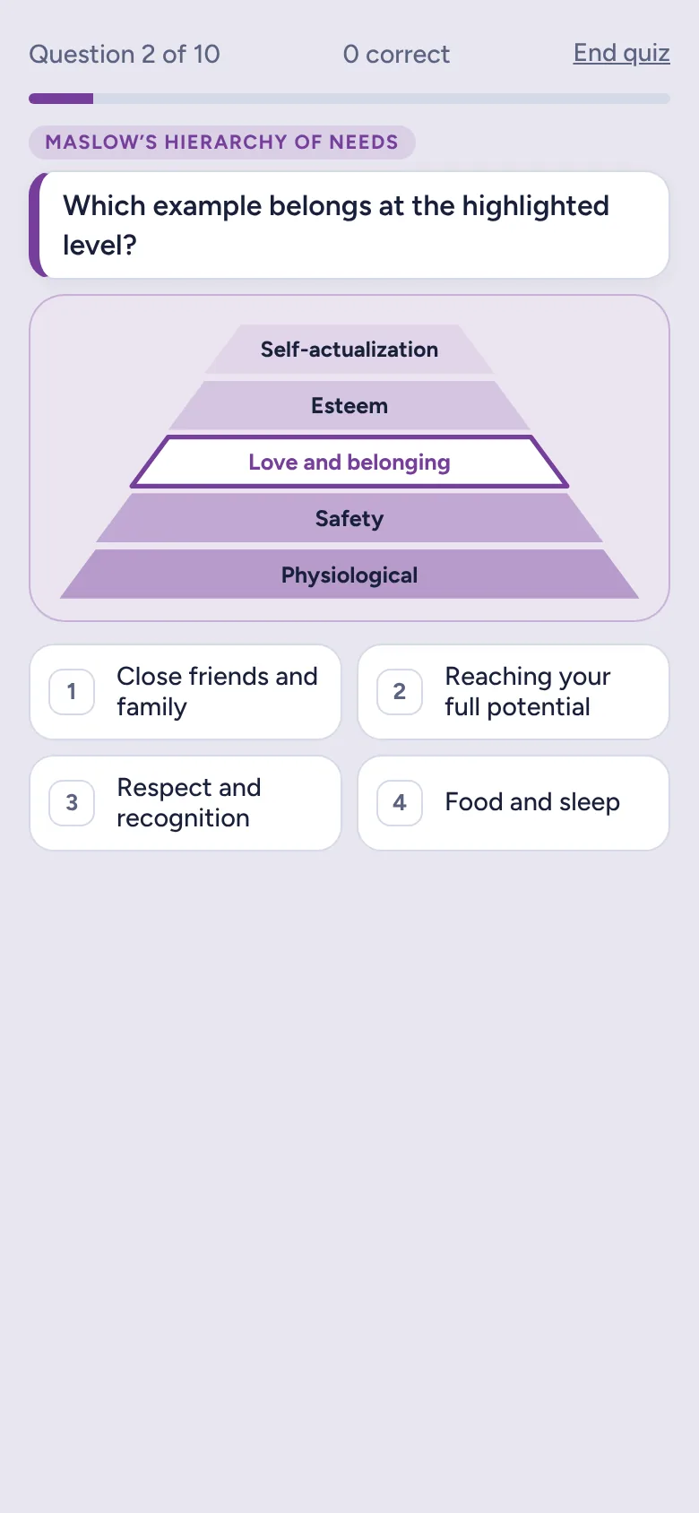 A Maslow’s hierarchy question with the pyramid drawn and one level highlighted
