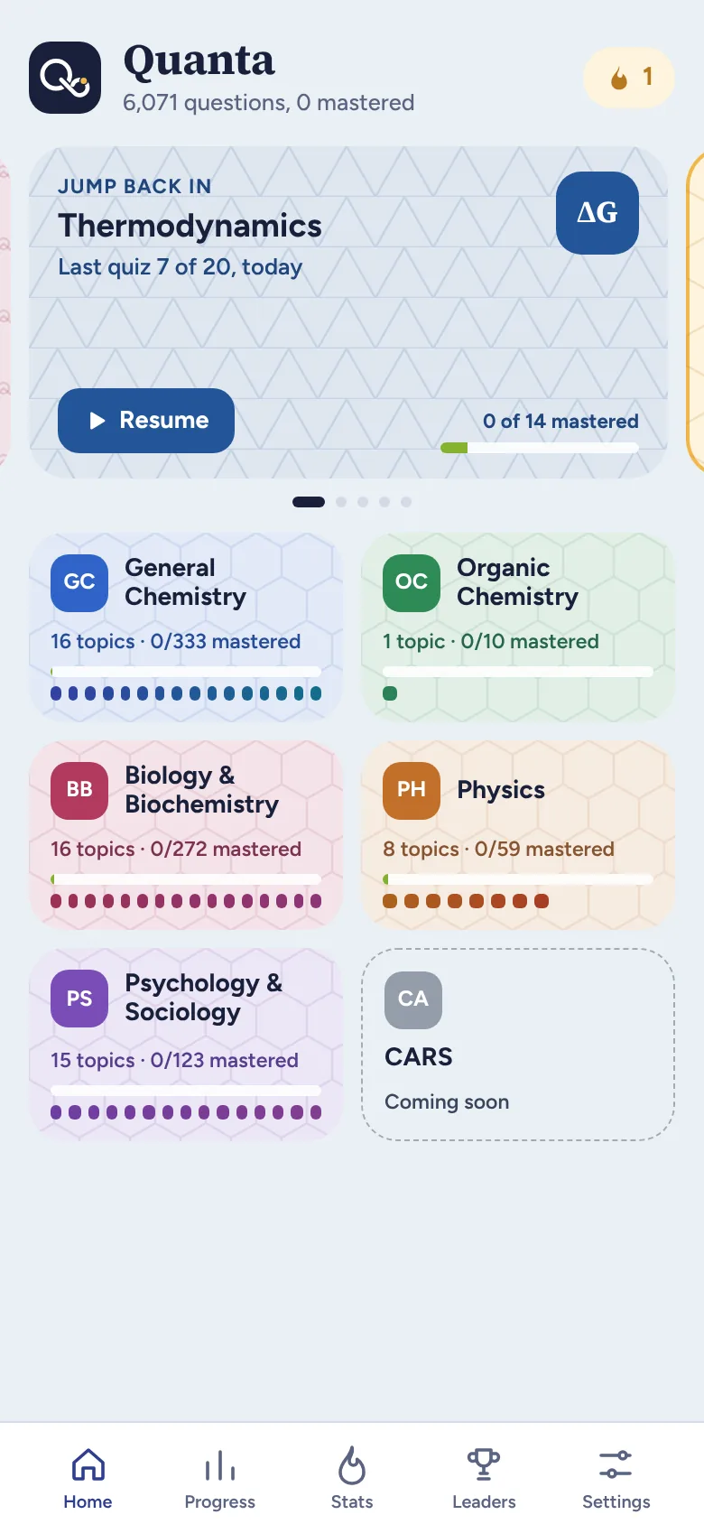 Quanta home screen with a Jump back in card and subject tiles for General Chemistry, Organic Chemistry, Biology and Biochemistry, Physics, and Psychology and Sociology, with CARS coming soon