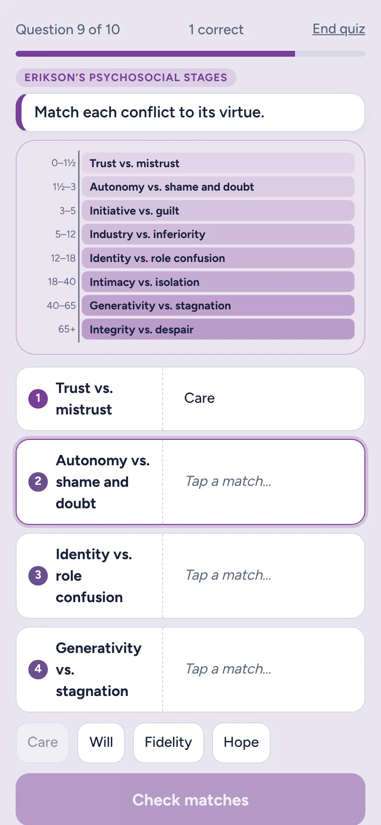 A matching question pairing Erikson’s stages with their virtues, with the timeline drawn above