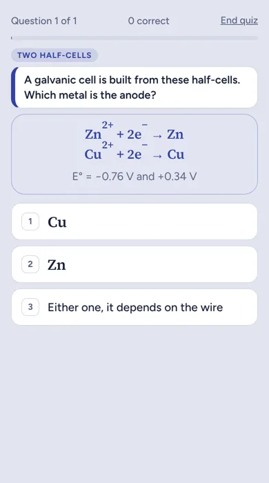 General Chemistry question in Quanta: Galvanic cells
